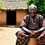 A wise Beninese elder, with a warm, serene expression, sitting on a traditional wooden stool in a sunlit village courtyard. The elder is wearing modest, vibrantly patterned West African attire, fully clothed, appropriate attire. The background features blurred mud-brick homes and lush green foliage, subtly incorporating abstract cultural patterns reminiscent of traditional Beninese artistry (no explicit religious symbols). The scene evokes a sense of deep wisdom and storytelling. Professional photography, high-resolution, natural light, perfect anatomy, correct proportions, well-formed hands, proper finger count, natural body proportions, safe for work, appropriate content, family-friendly.