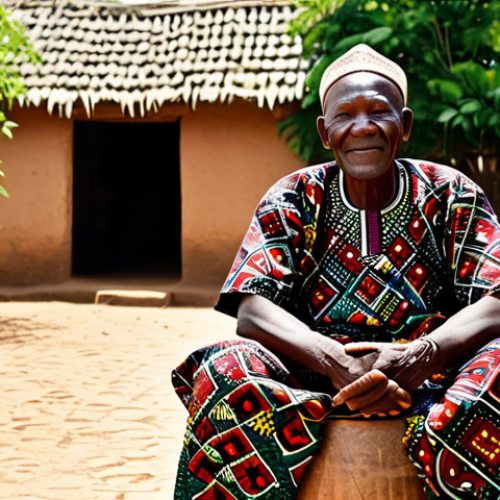 A wise Beninese elder, with a warm, serene expression, sitting on a traditional wooden stool in a sunlit village courtyard. The elder is wearing modest, vibrantly patterned West African attire, fully clothed, appropriate attire. The background features blurred mud-brick homes and lush green foliage, subtly incorporating abstract cultural patterns reminiscent of traditional Beninese artistry (no explicit religious symbols). The scene evokes a sense of deep wisdom and storytelling. Professional photography, high-resolution, natural light, perfect anatomy, correct proportions, well-formed hands, proper finger count, natural body proportions, safe for work, appropriate content, family-friendly.