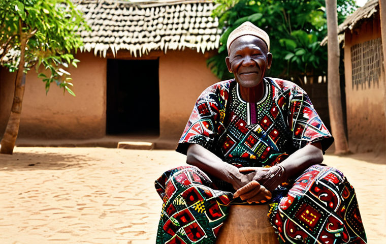 A wise Beninese elder, with a warm, serene expression, sitting on a traditional wooden stool in a sunlit village courtyard. The elder is wearing modest, vibrantly patterned West African attire, fully clothed, appropriate attire. The background features blurred mud-brick homes and lush green foliage, subtly incorporating abstract cultural patterns reminiscent of traditional Beninese artistry (no explicit religious symbols). The scene evokes a sense of deep wisdom and storytelling. Professional photography, high-resolution, natural light, perfect anatomy, correct proportions, well-formed hands, proper finger count, natural body proportions, safe for work, appropriate content, family-friendly.