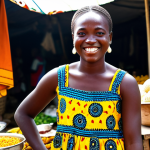 **

A young woman, fully clothed in a vibrant, Ankara print dress, smiles while showcasing traditional Beninese cuisine at a bustling local market. The background includes colorful textiles and friendly vendors. Professional photography, perfect anatomy, safe for work, appropriate content, family-friendly.

**
