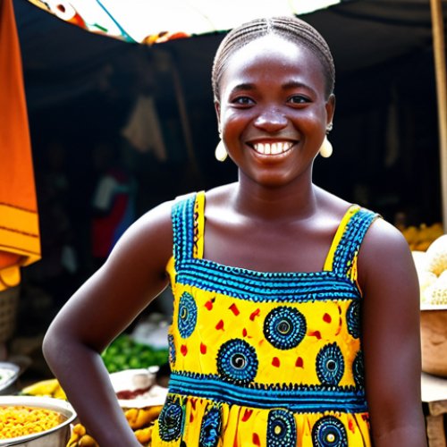 **

A young woman, fully clothed in a vibrant, Ankara print dress, smiles while showcasing traditional Beninese cuisine at a bustling local market. The background includes colorful textiles and friendly vendors. Professional photography, perfect anatomy, safe for work, appropriate content, family-friendly.

**