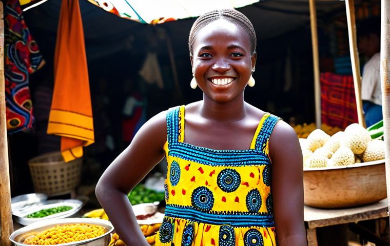 **

A young woman, fully clothed in a vibrant, Ankara print dress, smiles while showcasing traditional Beninese cuisine at a bustling local market. The background includes colorful textiles and friendly vendors. Professional photography, perfect anatomy, safe for work, appropriate content, family-friendly.

**