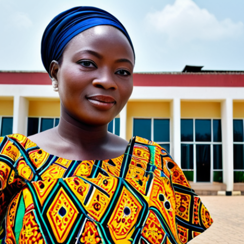 **

"A professional Beninese businesswoman in a modest, colorful traditional African dress, standing in front of a modern office building in Cotonou, Benin, fully clothed, appropriate attire, safe for work, perfect anatomy, natural proportions, professional photography, high quality, family-friendly."

**