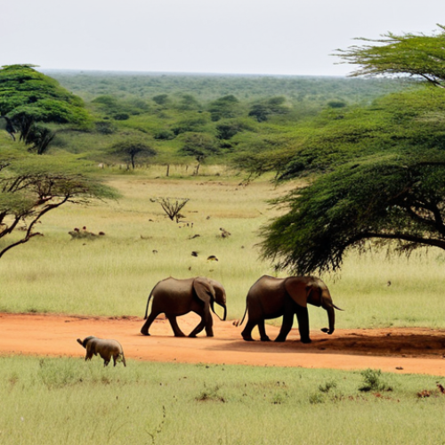 Pendjari National Park Panorama**

"A wide, scenic view of Pendjari National Park in Benin during the dry season. Rolling savanna landscape with scattered trees and a watering hole in the distance. A herd of elephants are drinking, observed by a pride of lions resting under a tree. Fully clothed park rangers are visible in a jeep on a nearby track. Safe for work, appropriate content, professional wildlife photography, perfect anatomy, natural proportions, family-friendly, high quality."

**