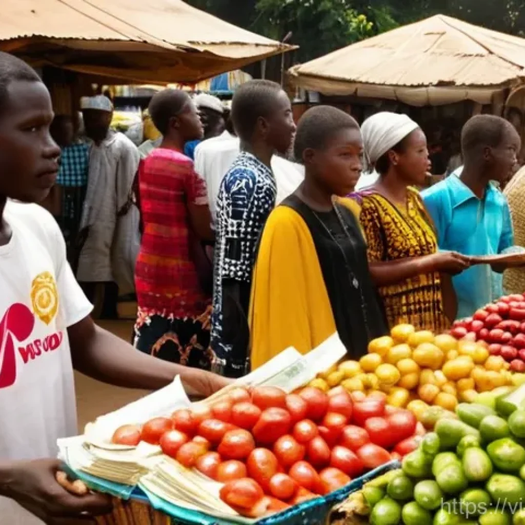 베냉의 화폐와 환전 방법 - **Prompt:** A bustling, vibrant traditional market scene in Cotonou, Benin. Sunlight streams onto co...