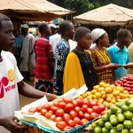 베냉의 화폐와 환전 방법 - **Prompt:** A bustling, vibrant traditional market scene in Cotonou, Benin. Sunlight streams onto co...