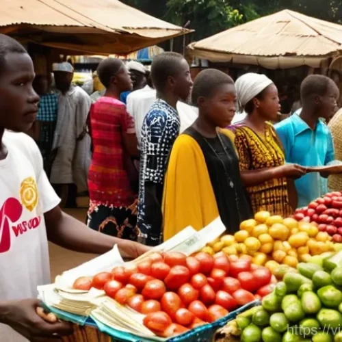 베냉의 화폐와 환전 방법 - **Prompt:** A bustling, vibrant traditional market scene in Cotonou, Benin. Sunlight streams onto co...