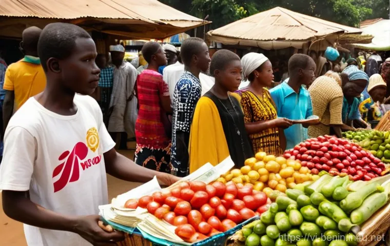 베냉의 화폐와 환전 방법 - **Prompt:** A bustling, vibrant traditional market scene in Cotonou, Benin. Sunlight streams onto co...