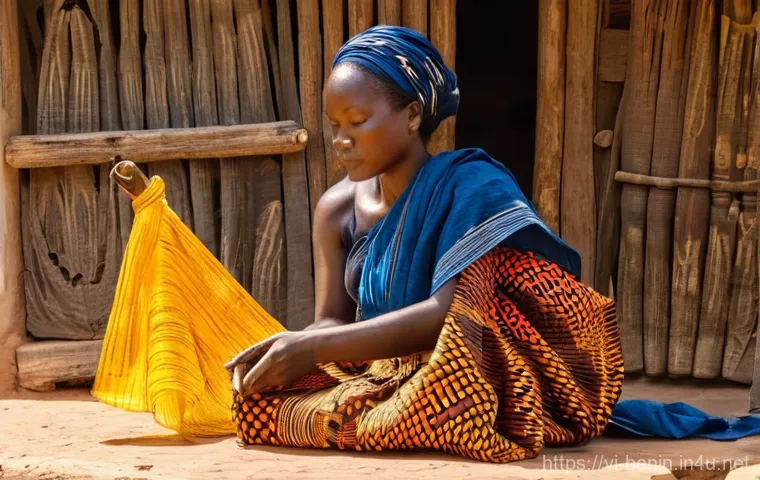 베냉의 전통 의복과 패션 - **Prompt 1: "Beninese Artisan Crafting Pagne Fabric"**
    A serene portrait of a skilled Beninese w...