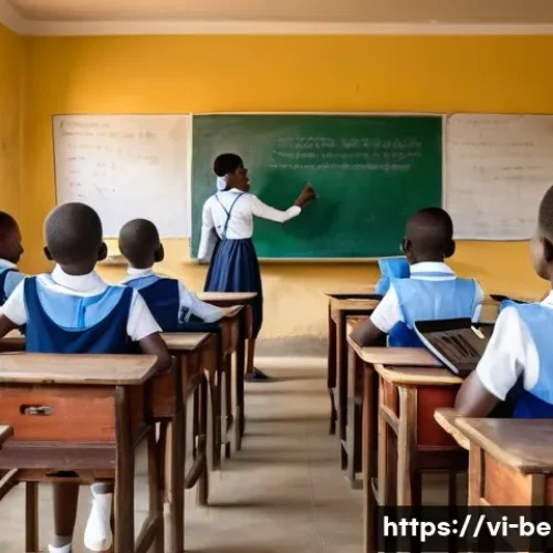 베냉의 교육 시스템 - A modern classroom scene in Benin featuring diverse students wearing modest school uniforms, attenti...