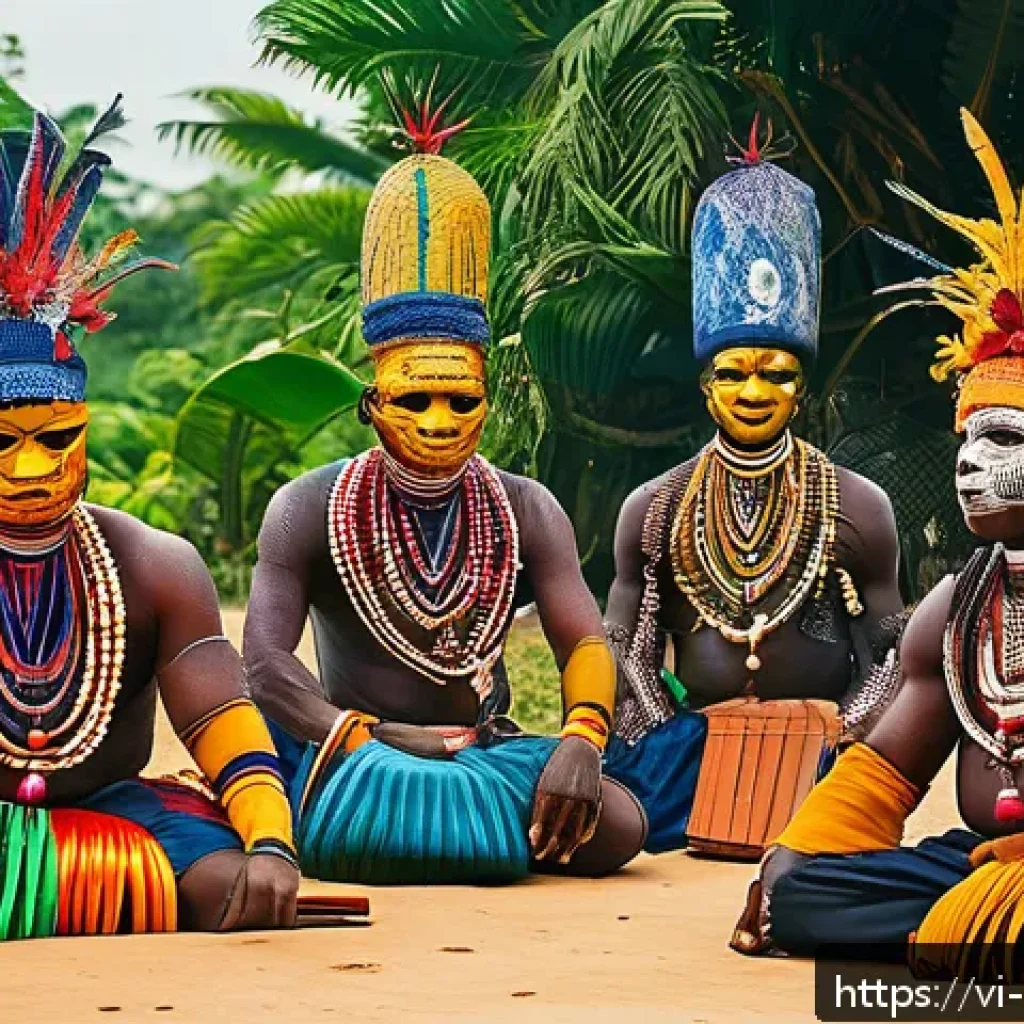 베냉의 토착 종교 부두교 - A vibrant and detailed scene of a traditional Voodoo festival in Benin, featuring local people dress...