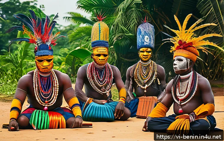 베냉의 토착 종교 부두교 - A vibrant and detailed scene of a traditional Voodoo festival in Benin, featuring local people dress...