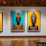 Home 19 베냉의 예술가와 작가 - A vibrant contemporary Beninese art gallery scene showcasing a diverse collection of paintings and s...
