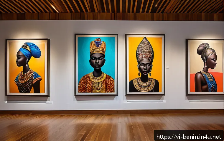 베냉의 예술가와 작가 - A vibrant contemporary Beninese art gallery scene showcasing a diverse collection of paintings and s...