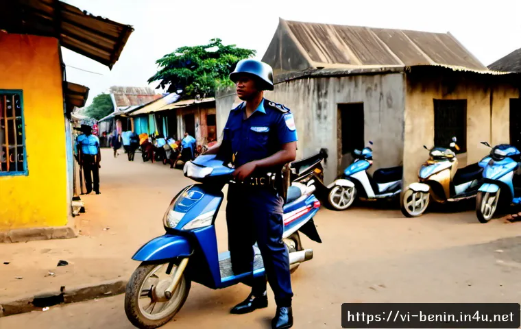 Home 15 베냉의 범죄율과 치안 - Photorealistic early-evening street scene in Cotonou, Benin, with two uniformed community police off...